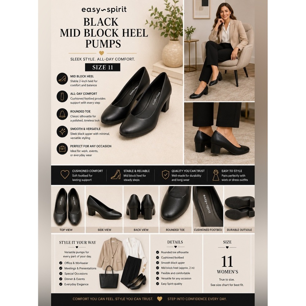 Easy Spirit Black Mid Block Heel Pumps 11 NEW